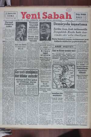      15 Ağustos 1941 ct | 4 üncü Yıl - No. 1179 YERDE (5) KURUŞ GÜNLÜK SİYASİ HALK GAZETESİ Mareşal Petain'in nutku Mareşal