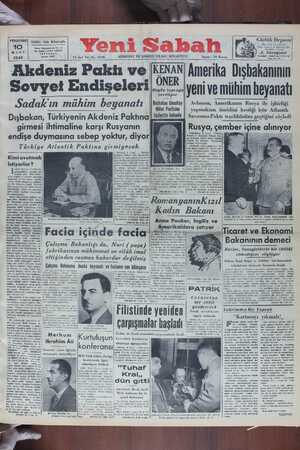    PERŞEMBE | sahib 10 MART 1949 İdarcı Ni 8 T Akdeniz Paklı ve ovyel Endişeleri Sadak'ın mühim beyanatı Dışbakan, Türkiyenin