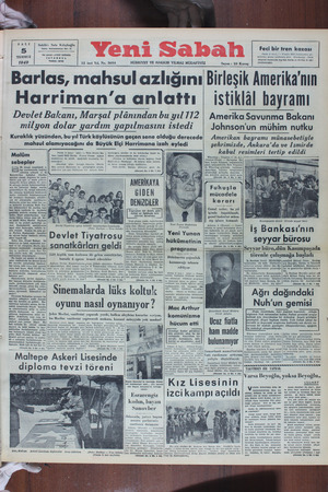    AF SALI 5 İdarer Sahibi: Safa Kılıçlıoğlu Nuruosmaniye Not 17 Tel adreslı «YENİ SABAH» 'TEMMUZ ı 1949 STANBUL Telefoni 2071