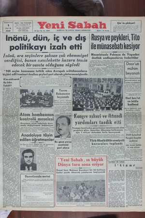 Yeni Sabah Gazetesi 1 Ekim 1949 kapağı