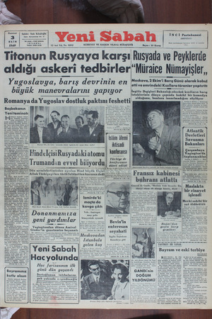    Pazartesi 3 Sahibi: İdarer EKİM 1949 ı Tel Tel adreslı <YE Safa Kılıçlıoğlu Nuruosmaniye Nor 17 SABAH> STANBUL foni...