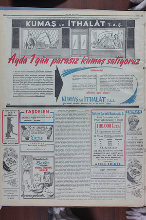    YENİ SABAN 1850 1 Nisan 1950 Cümartesi gününden itibaren, mağazamızdaki bütün perakende satışlarda, alacağınız kumaşla...