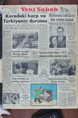 Yeni Sabah Gazetesi 1 Temmuz 1950 kapağı