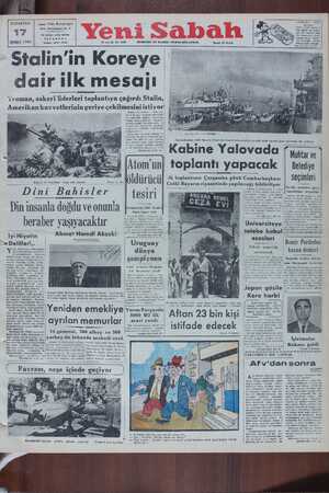 Yeni Sabah Gazetesi 17 Temmuz 1950 kapağı