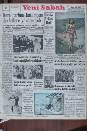 Yeni Sabah Gazetesi 2 Ağustos 1950 kapağı