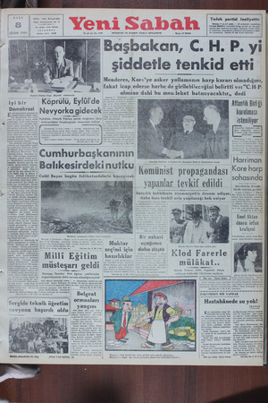 Yeni Sabah Gazetesi 8 Ağustos 1950 kapağı