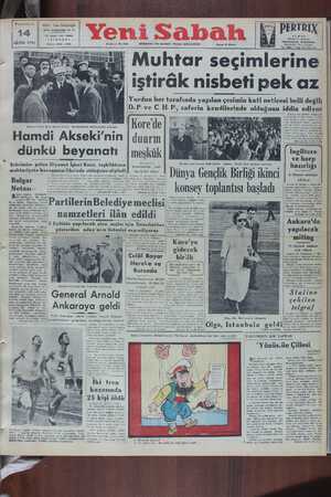 Yeni Sabah Gazetesi 14 Ağustos 1950 kapağı