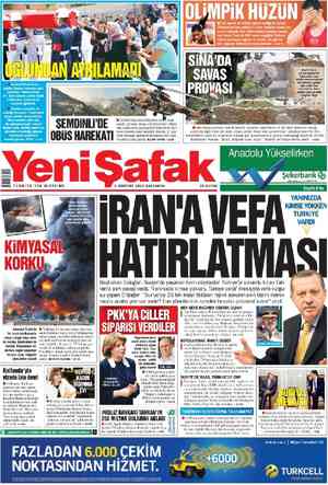 Yeni Şafak Gazetesi 8 Ağustos 2012 kapağı