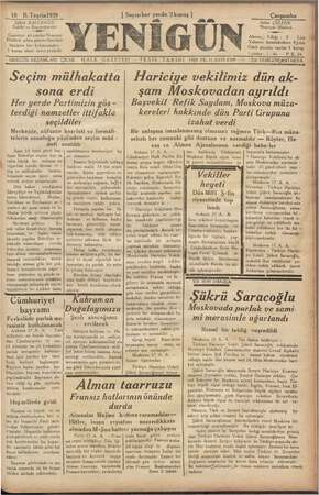 Yenigün (Antakya) Gazetesi 18 Ekim 1939 kapağı