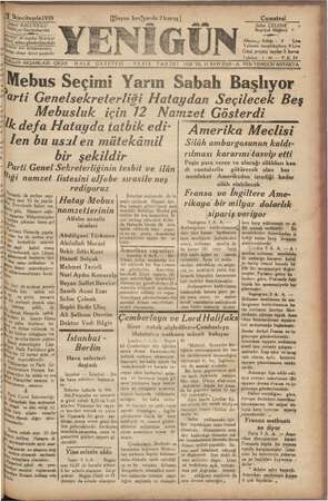 Yenigün (Antakya) Gazetesi 4 Kasım 1939 kapağı