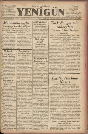 Yenigün (Antakya) Gazetesi 20 Kasım 1939 kapağı