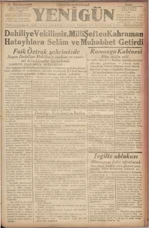 Yenigün (Antakya) Gazetesi 24 Kasım 1939 kapağı