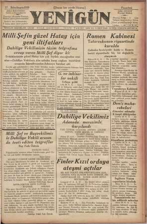 Yenigün (Antakya) Gazetesi 27 Kasım 1939 kapağı