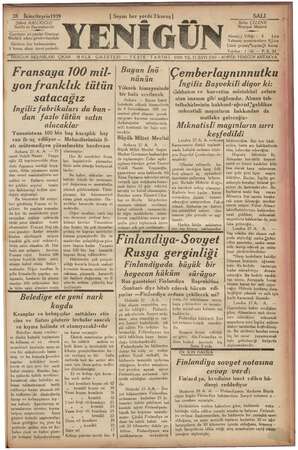 Yenigün (Antakya) Gazetesi 28 Kasım 1939 kapağı