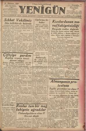 Yenigün (Antakya) Gazetesi 20 Aralık 1939 kapağı