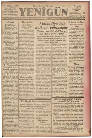 Yenigün (Antakya) Gazetesi 21 Aralık 1939 kapağı