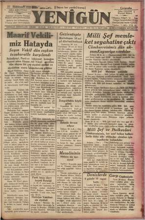 Yenigün (Antakya) Gazetesi 27 Aralık 1939 kapağı