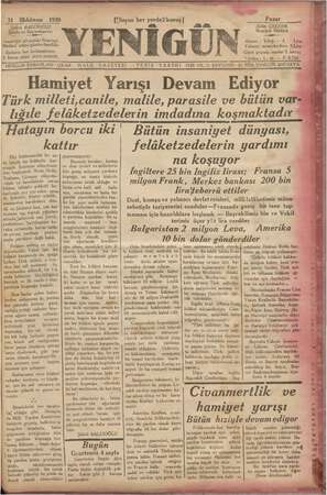    31 likkânun 1939 IESayısı her Derdeğ kuruş | Pazar Şükrü BALCIOĞLU Selim ÇELENK ; Sahibi ve Başmuhı muharriri Neşriyat...
