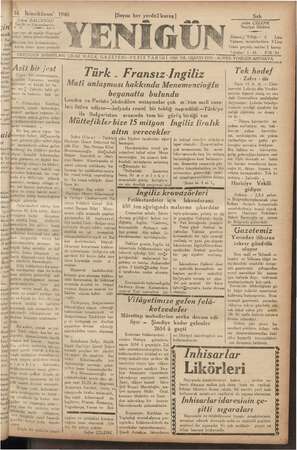 Yenigün (Antakya) Gazetesi 16 Ocak 1940 kapağı