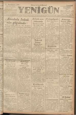 Yenigün (Antakya) Gazetesi 27 Ocak 1940 kapağı
