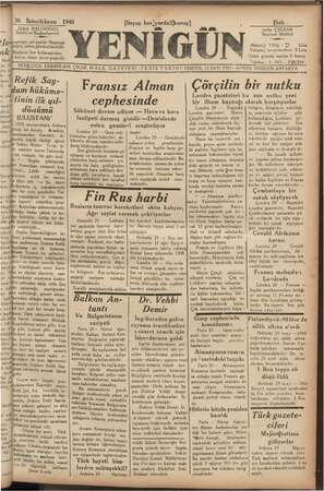 Yenigün (Antakya) Gazetesi 30 Ocak 1940 kapağı