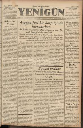 Yenigün (Antakya) Gazetesi 7 Şubat 1940 kapağı