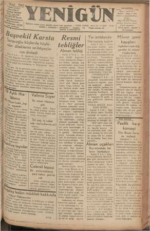 Yenigün (Antakya) Gazetesi 3 Eylül 1942 kapağı
