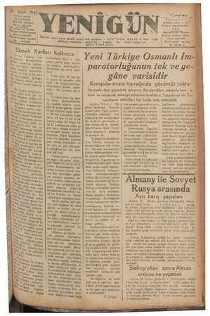 Yenigün (Antakya) Gazetesi 19 Eylül 1942 kapağı