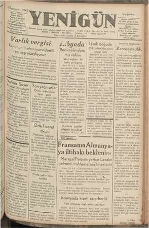 Yenigün (Antakya) Gazetesi 18 Kasım 1942 kapağı