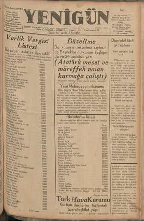 Yenigün (Antakya) Gazetesi 15 Aralık 1942 kapağı
