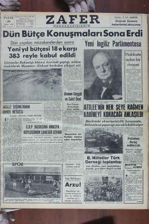 Zafer Gazetesi 26 Şubat 1950 kapağı
