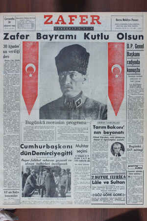 Zafer Gazetesi 30 Ağustos 1950 kapağı