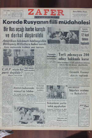 Zafer Gazetesi 6 Eylül 1950 kapağı