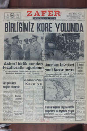 Zafer Gazetesi 29 Eylül 1950 kapağı