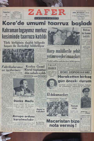 Zafer Gazetesi 25 Kasım 1950 kapağı