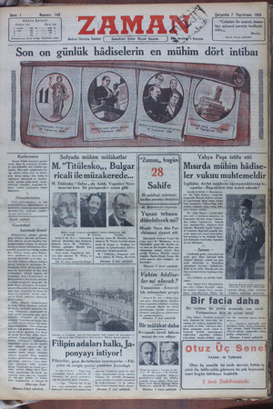 Zaman Gazetesi 7 Kasım 1934 kapağı