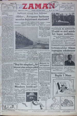 Zaman Gazetesi 1 Nisan 1935 kapağı
