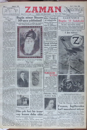 Zaman Gazetesi 9 Nisan 1935 kapağı