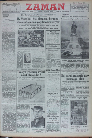 Zaman Gazetesi 16 Temmuz 1935 kapağı